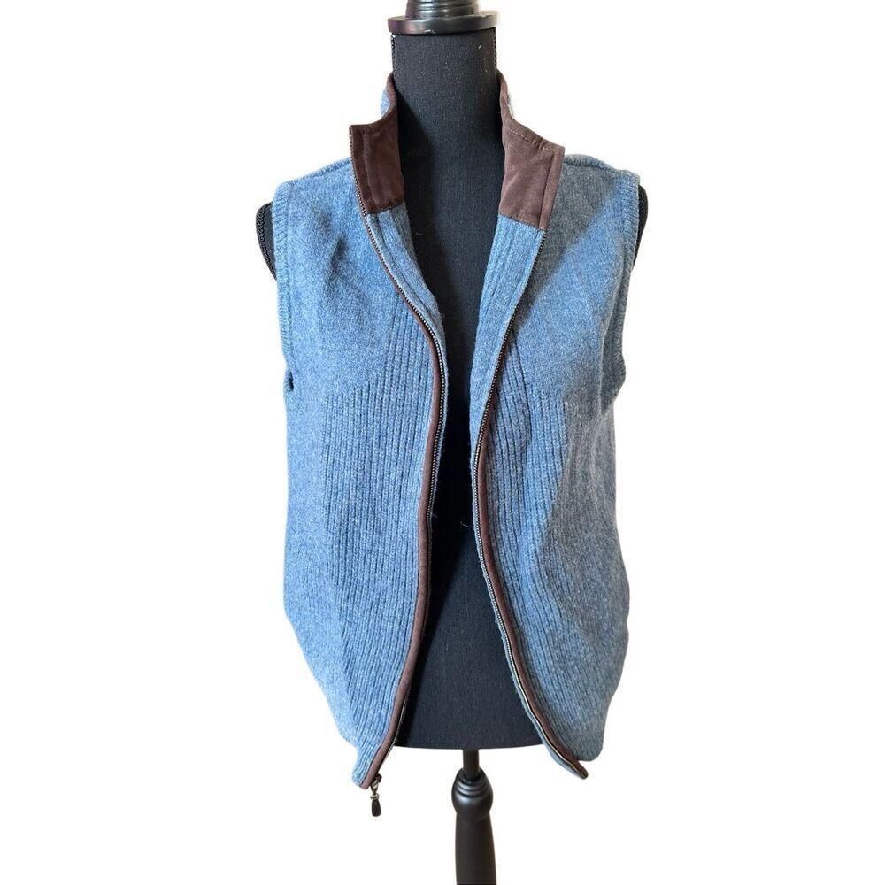 L.L. Bean Blue Wool Blend Full-Zip Vest - Suede Trim - Medium